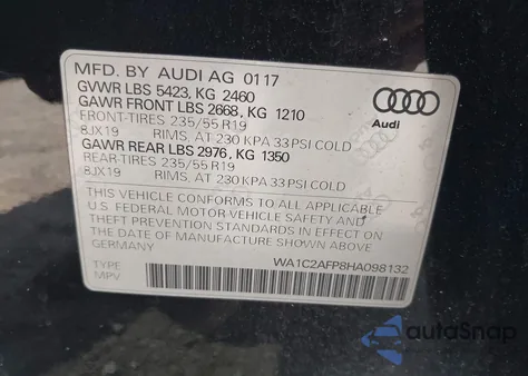 2017 Audi Q5 2.0T Premium z USA, uszkodzony, nr VIN WA1C2AFP8HA098132